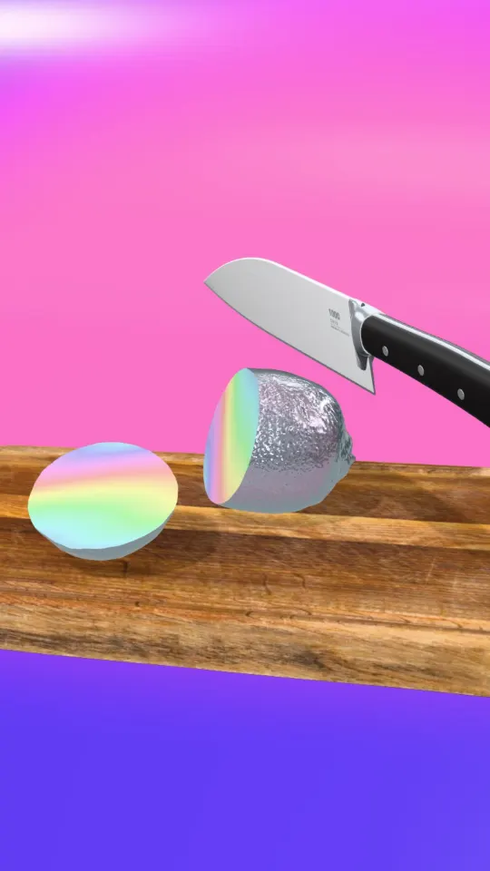 A Holo fruit with rainbow chrome skin cut in half