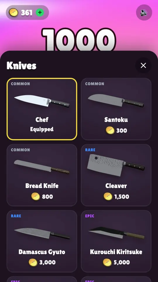 The 1000 Cuts knife shop showing the Chef, Santoku, Bread Knife and Cleaver with their coin prices