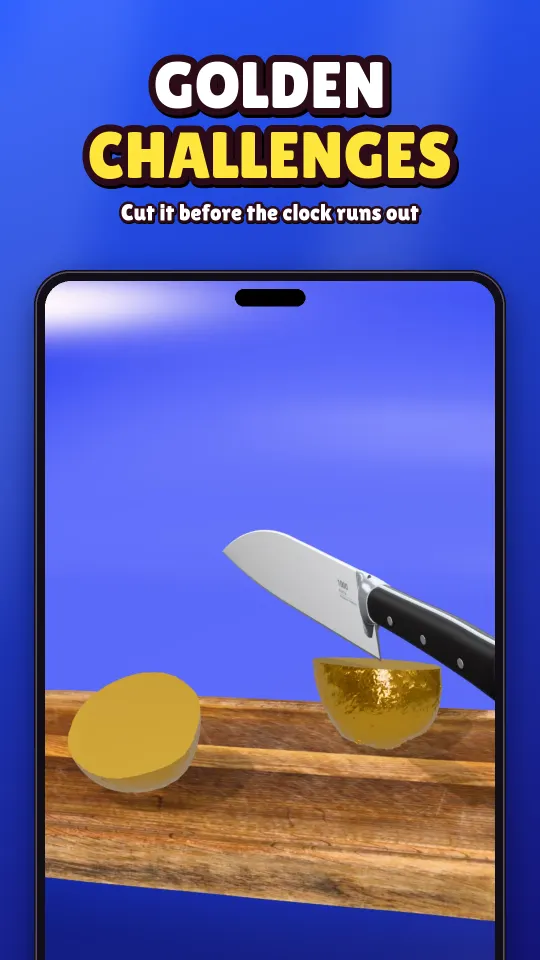 Screenshot: a Golden challenge fruit on a blue studio